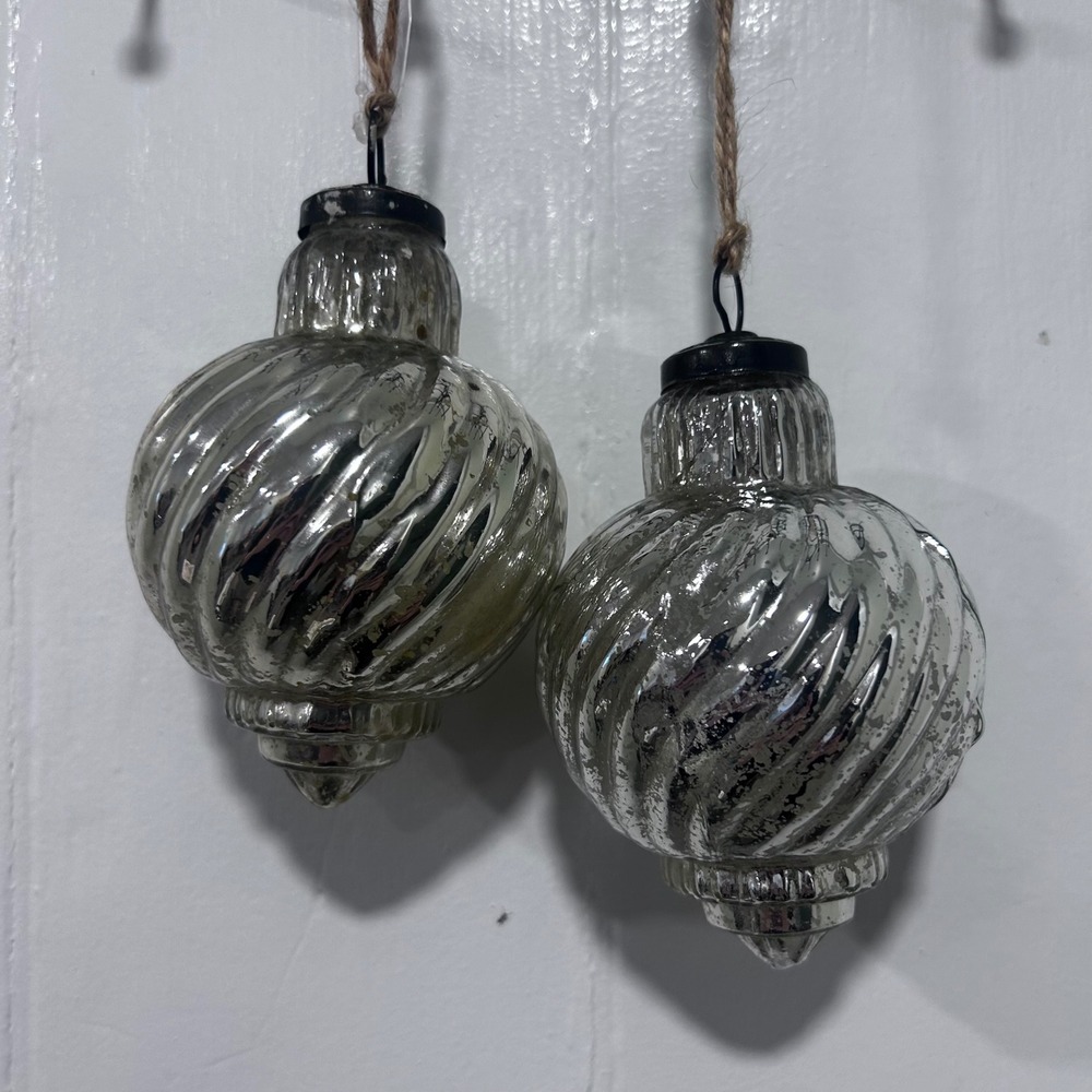Silver Mercury Glass Finial Christmas Ornaments Set of 2 Swirl Ribbed Vintage